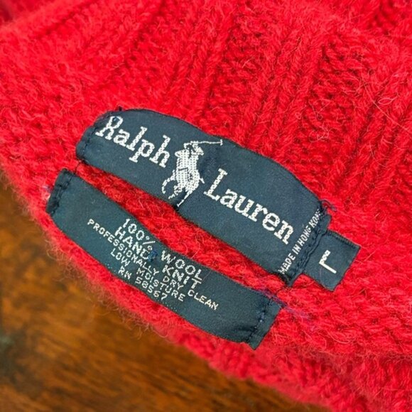 Vintage Ralph Lauren Hand Knit Wool Puff Sleeve Turtleneck Sweater Red Large - Picture 11 of 11